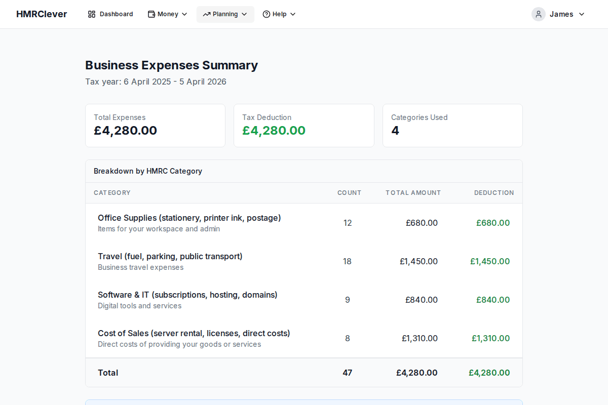 HMRClever business expense tracker with HMRC categories and receipt uploads