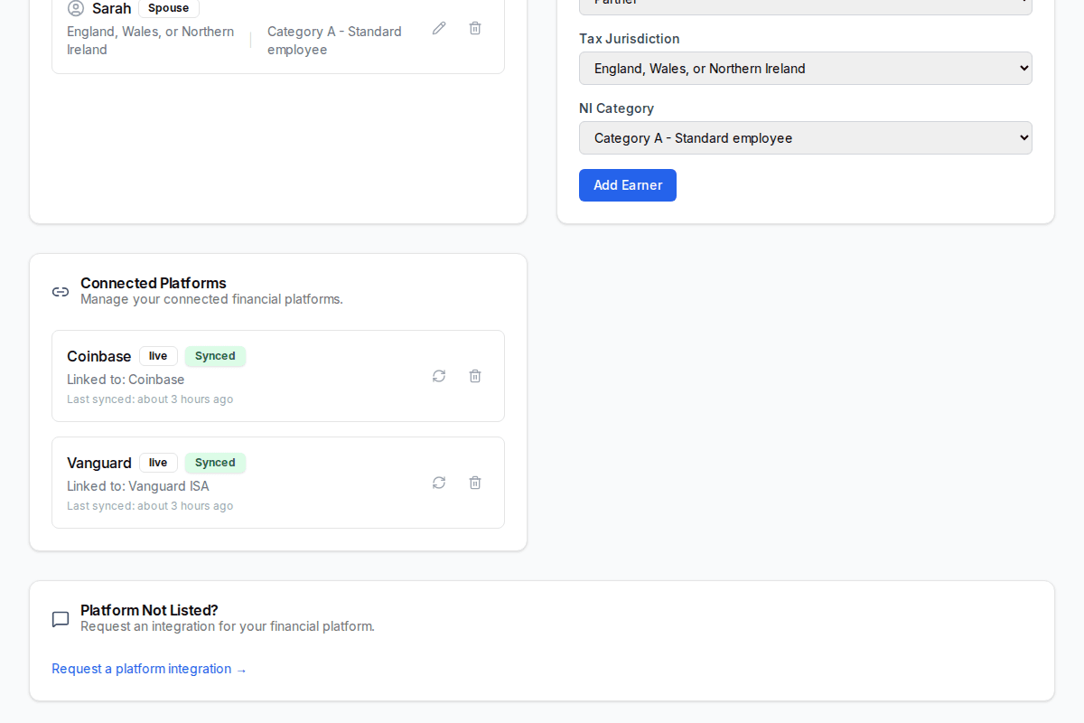 HMRClever integrations page showing connected financial platforms