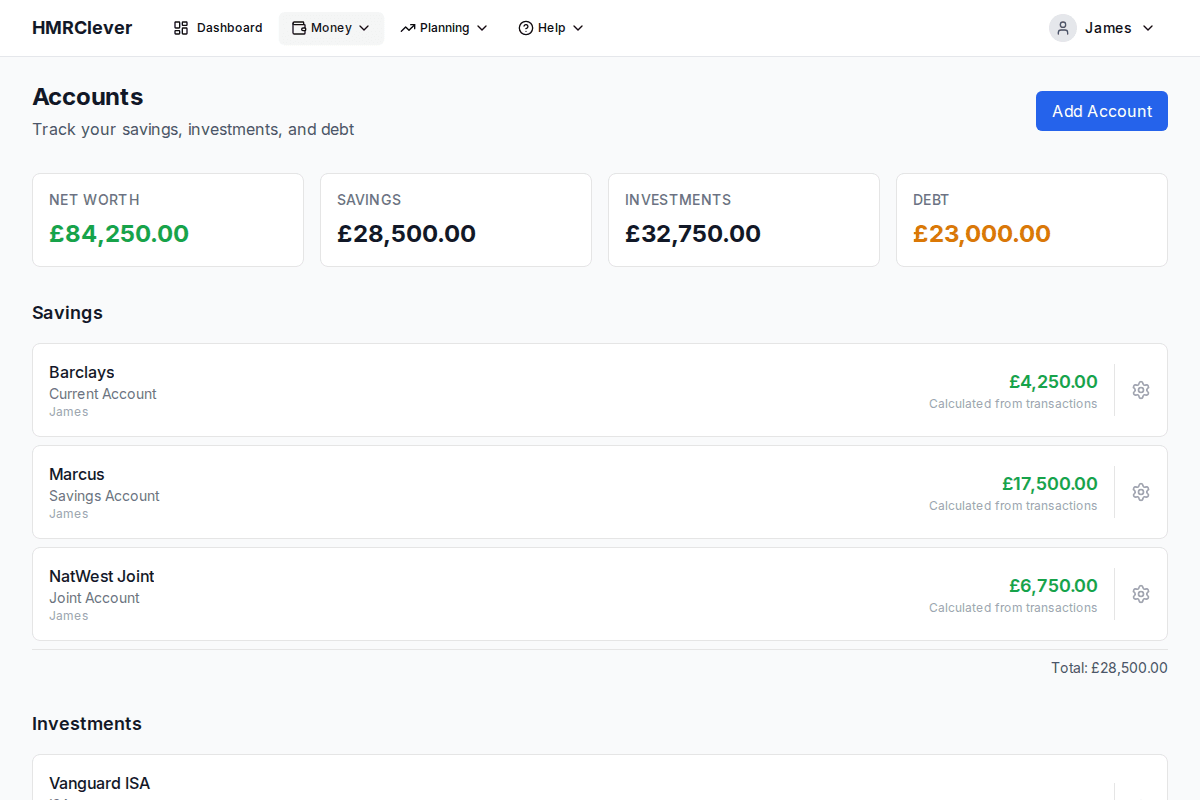 HMRClever net worth dashboard showing assets, liabilities, and total net worth