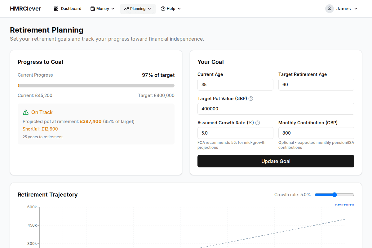 HMRClever retirement planning showing pension projections and contributions