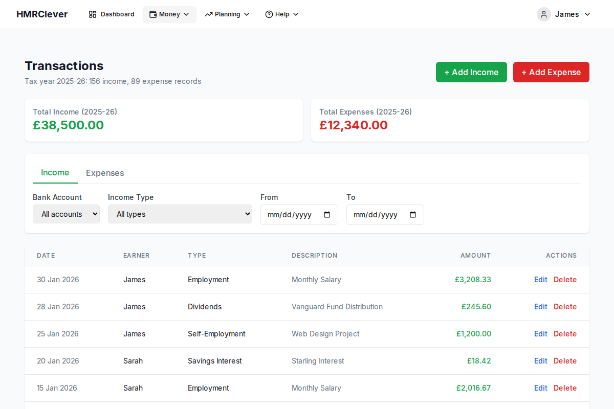 HMRClever transaction list with income categories and expense tracking